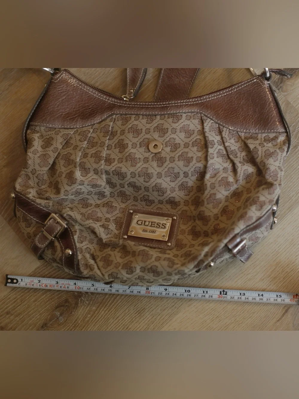 Guess Monogram Hobo Shoulder Bag Brown Canvas Faux Leather Y2K